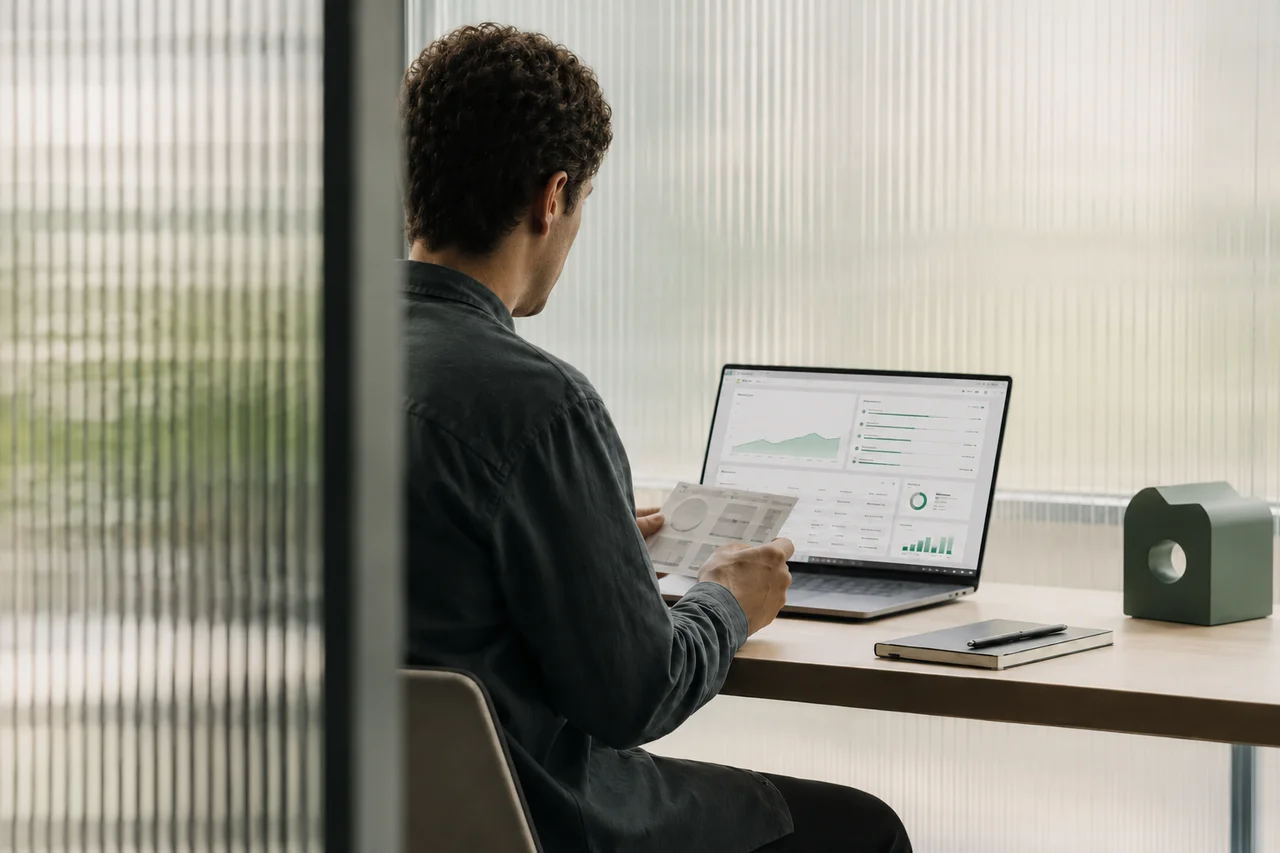 Maker reviewing a product prototype at a calm private studio workspace behind fluted glass