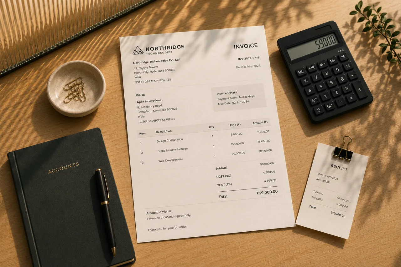 Invoice, calculator, and receipt on a private desk