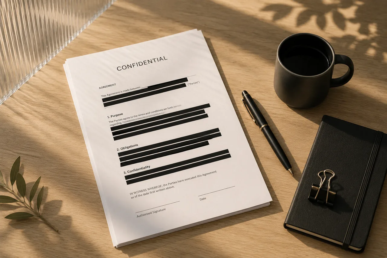 Confidential report with permanent redaction bands on a private desk