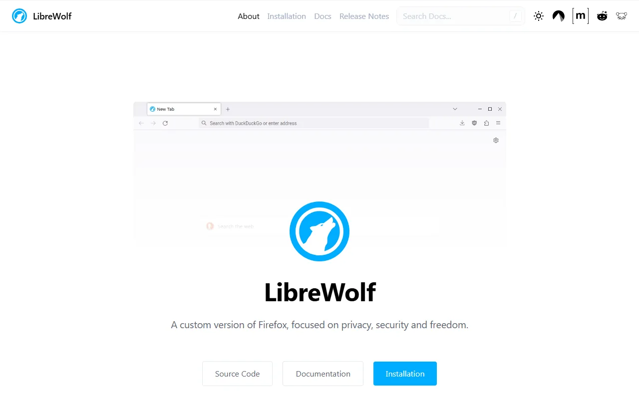 LibreWolf homepage showing privacy-focused browser