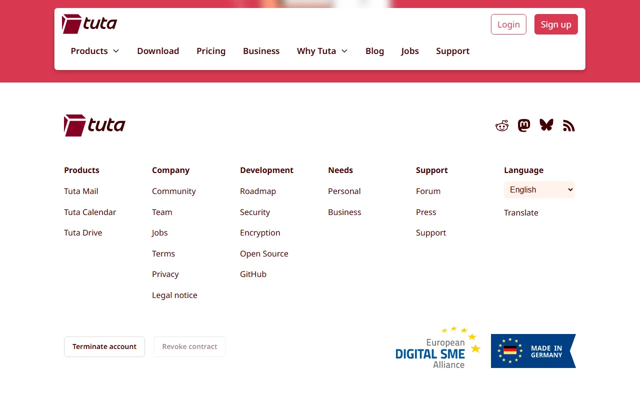 Tuta Mail homepage showing encrypted email