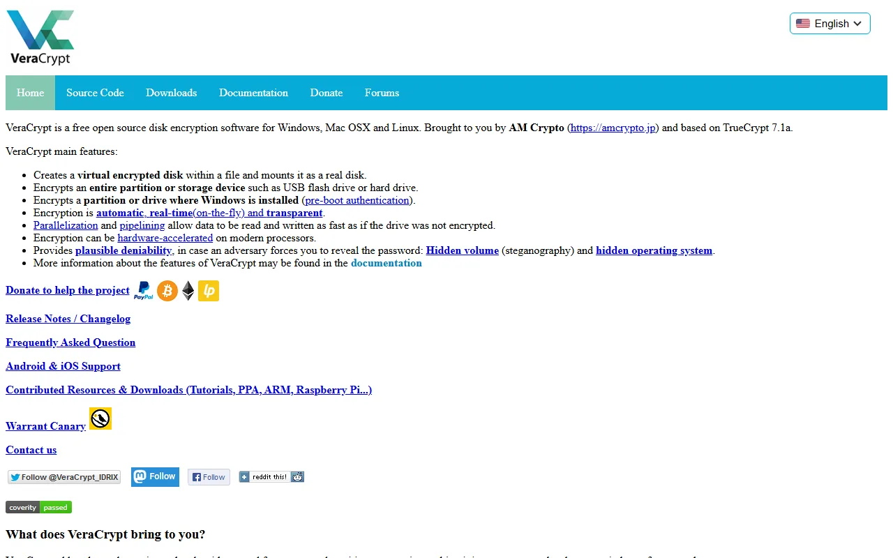 VeraCrypt homepage showing disk encryption software